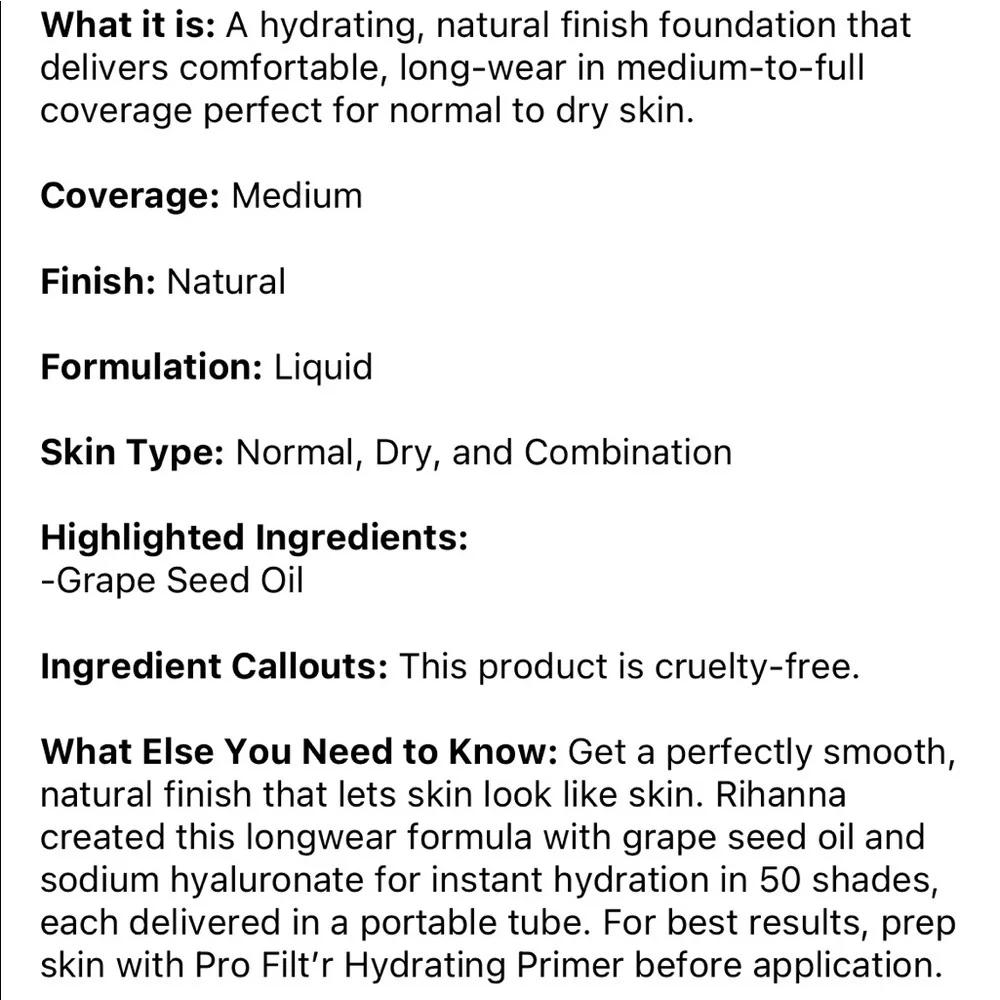 🌿 Fenty Beauty Pro Filt'r Hydrating Longwear Foundation : Color: 180